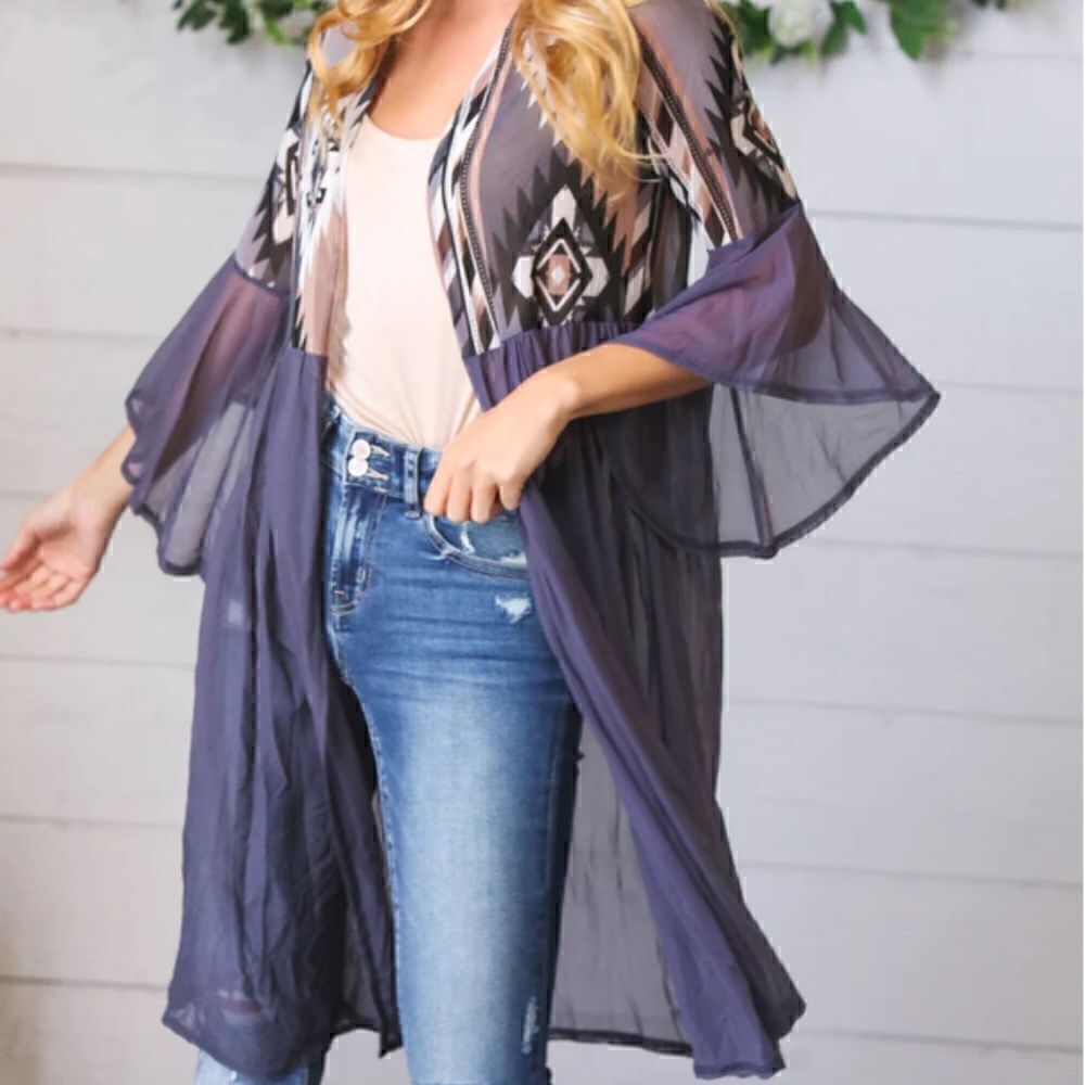 Boho Aztec Bell Sleeves Sheer Kimono Beach Cover Duster Plus Regular Size New
